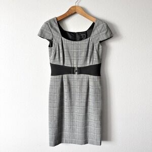 Tahari ASL Gray‎ Plaid Sheath Belted Cinched Waist Dress Women's Size 8 Petite